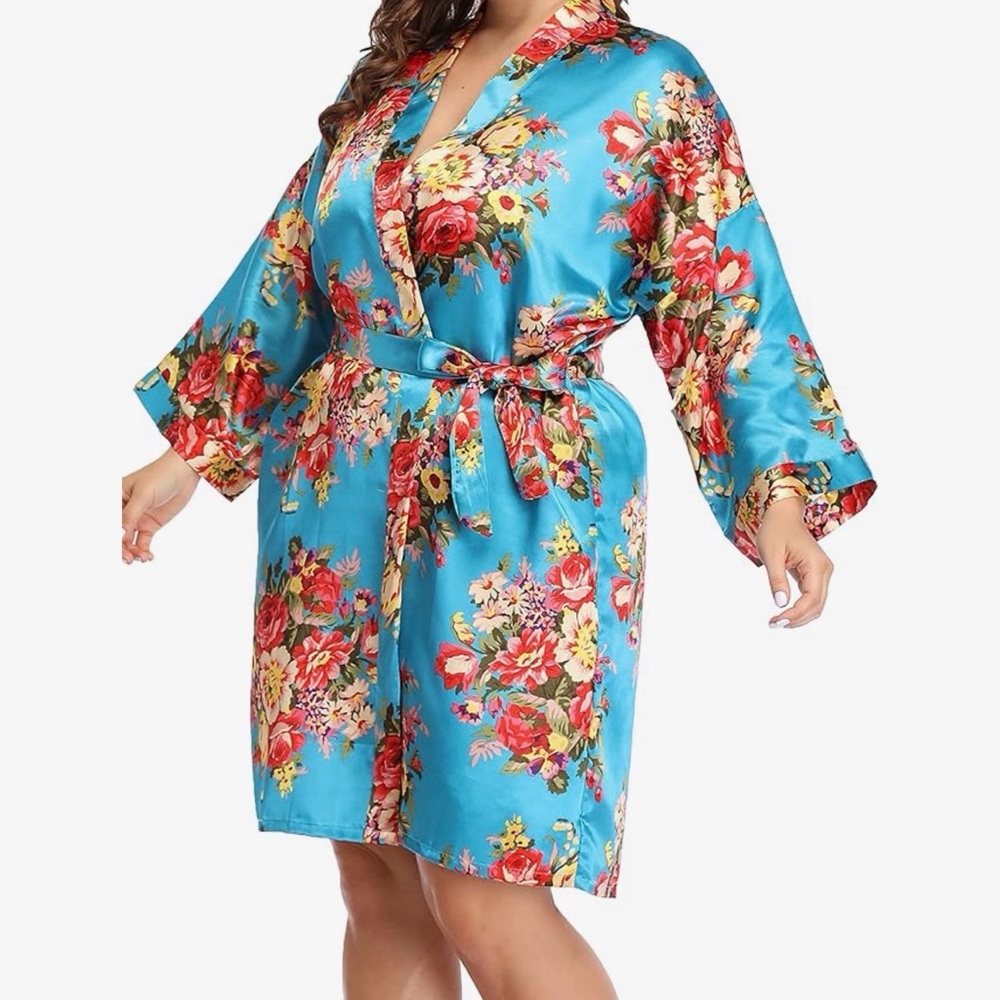 Miss Nina - Satin Kimono Robe with Pockets       Teal Blue Floral     XL.    NWT